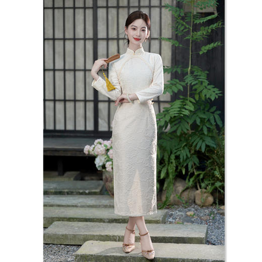 GX改良新中式长款素雅少女款旗袍2025秋季新款复合针织提花时尚旗袍 商品图3
