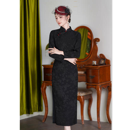 GX感国风旗袍2025秋季新款改良中式年轻款黑色气质长款长袖旗袍 商品图2