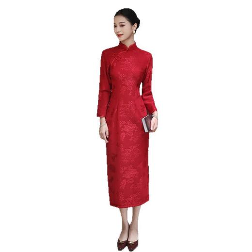 GX红色回娘家秋冬旗袍2025年新款中式针织提花加绒日常九分袖旗袍裙 商品图4