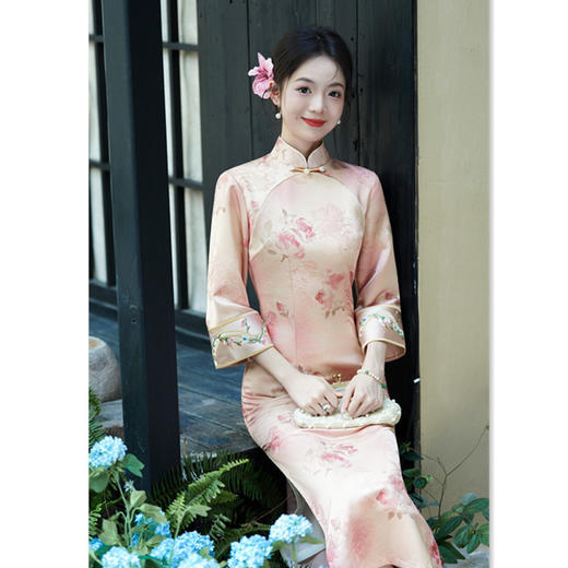 GX时尚拼接长款倒大袖旗袍2025秋季新款复古国风年轻款日常可穿旗袍 商品图3