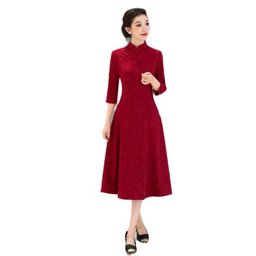 GX红色针织日常旗袍2025秋季新款复古国风改良新中式喜妈妈婚宴旗袍 商品图4