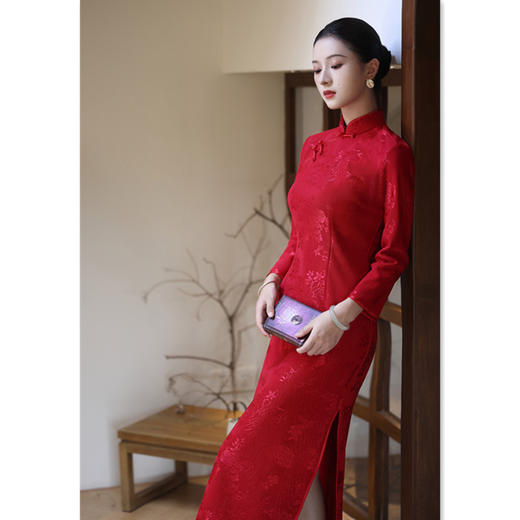 GX红色回娘家秋冬旗袍2025年新款中式针织提花加绒日常九分袖旗袍裙 商品图3