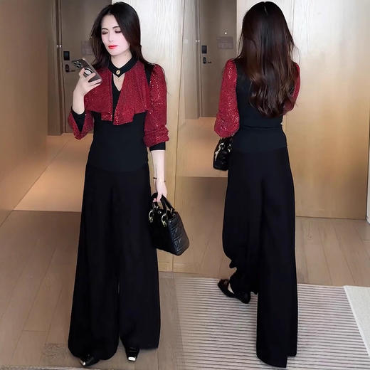 时尚套装女2025秋季新款时髦洋气显瘦长袖打底衫阔腿裤气质两件套 商品图1