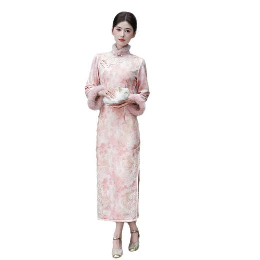 GX同款粉色加绒加厚秋冬装国风长款改良旗袍年轻款复古长袖旗袍 商品图4