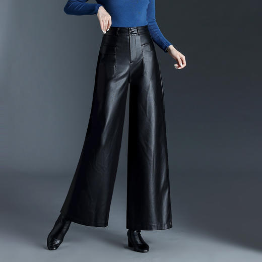 QYM 7070-Y时尚PU皮裤气质阔腿裤宽松休闲直筒裤 商品图1