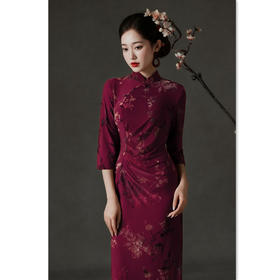 GX扎染植绒改良新中式长款七分袖旗袍2025初秋新款年轻女士日常可穿