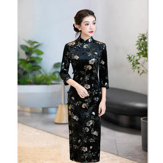 GX复古中国风中长七分袖丝绒旗袍2025秋新款旗袍女装 商品图2