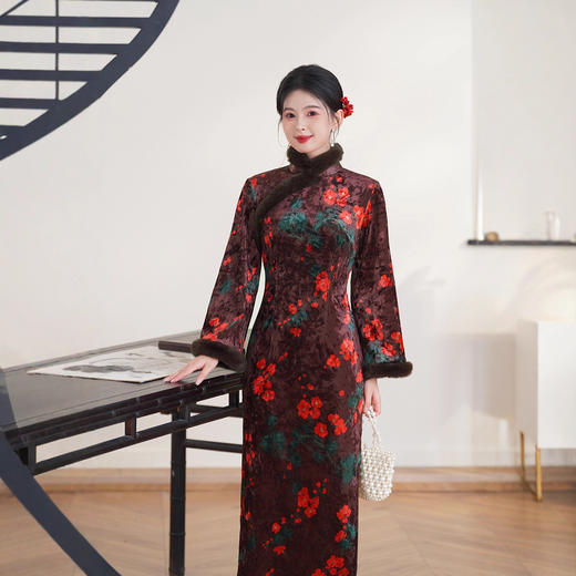 SKY 23067复古国风毛领大码日常旗袍裙 商品图2