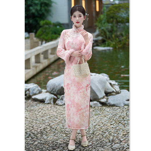 GX同款粉色加绒加厚秋冬装国风长款改良旗袍年轻款复古长袖旗袍 商品图0