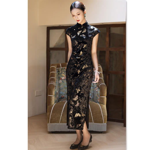 GX丝绒烫金坎肩袖长款旗袍2025秋新款复古国风改良新中式老上海旗袍 商品图2