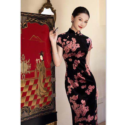 GX丝绒坎肩袖长款半开襟侧拉链旗袍2025秋季新款复古国风中式旗袍裙 商品图2