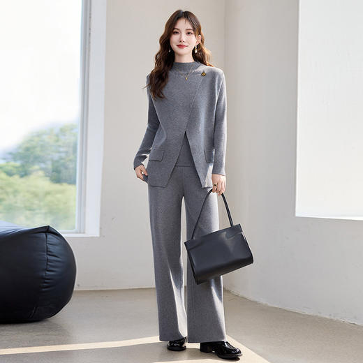 HR YBER609休闲简约风圆领一粒扣腰带款三件套裤 商品图3