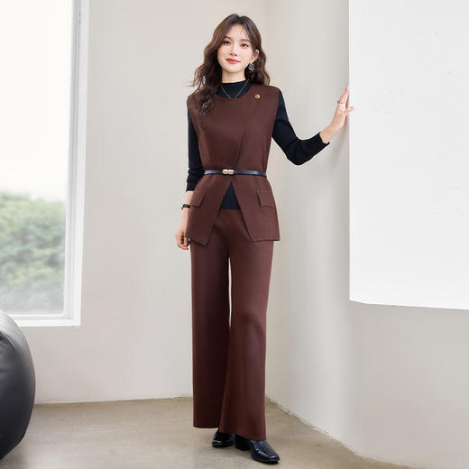 HR YBER609休闲简约风圆领一粒扣腰带款三件套裤 商品图1