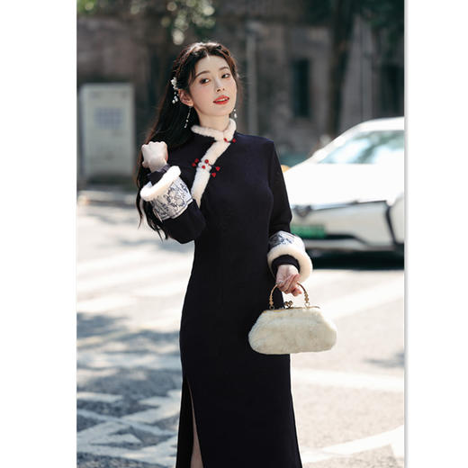 GX针织提花长款倒大袖旗袍2025秋冬新款改良新中式年轻少女长袖旗袍 商品图2