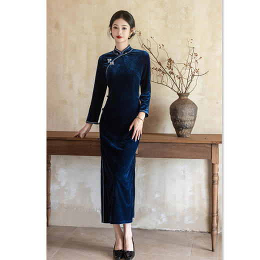 GX老上海复古国风长款丝绒七分袖旗袍2025秋新款改良中式感旗袍 商品图0
