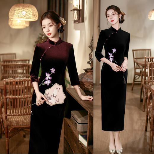 GX丝绒绣花长款七分袖旗袍2025秋新款时尚改良新中式喜妈妈婚宴旗袍 商品图3
