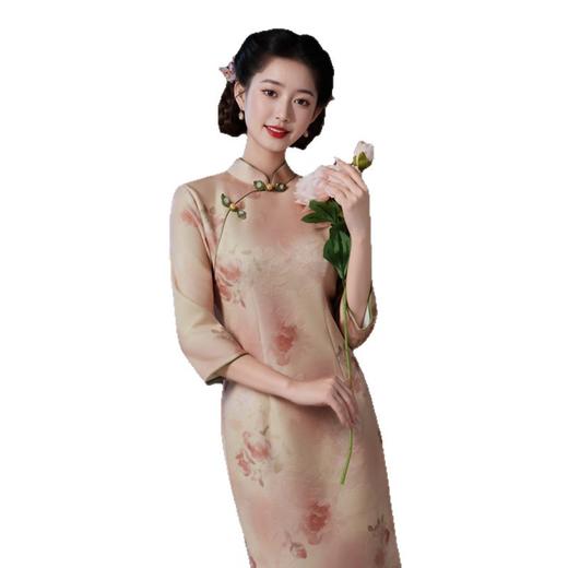 GX复古中国风长款七分袖旗袍2025秋冬新款改良中式年轻款旗袍连衣裙 商品图4