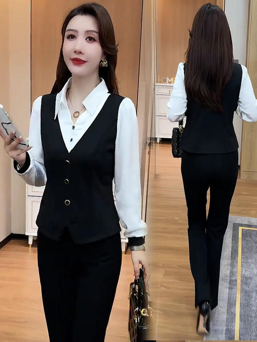 时尚套装女2025秋季新款洋气显瘦假两件衬衣高腰微喇裤减龄两件套 商品图3