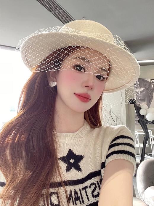 蝴蝶结装饰纱网平顶羊毛呢帽(COCO) 商品图2