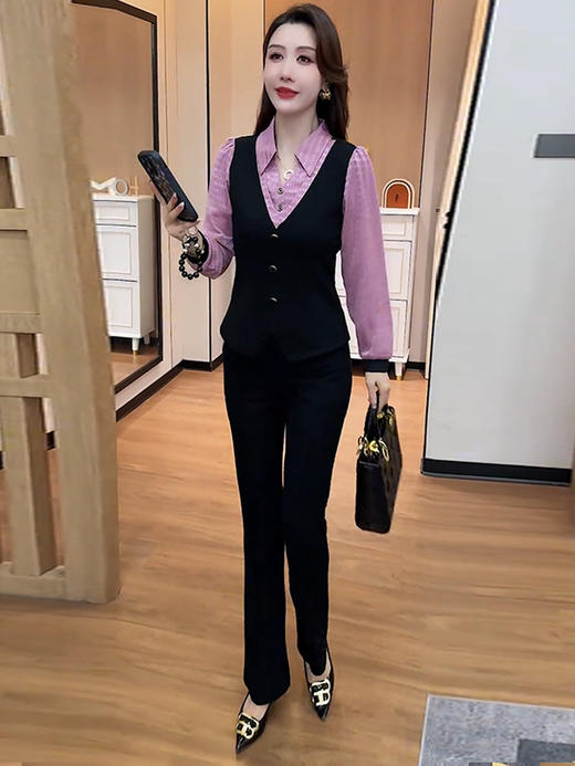 时尚套装女2025秋季新款洋气显瘦假两件衬衣高腰微喇裤减龄两件套 商品图4