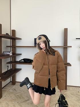 缪缪 25Fw秋冬新款 灯芯绒拼牛皮领羽绒服外套(DQJ*MM)