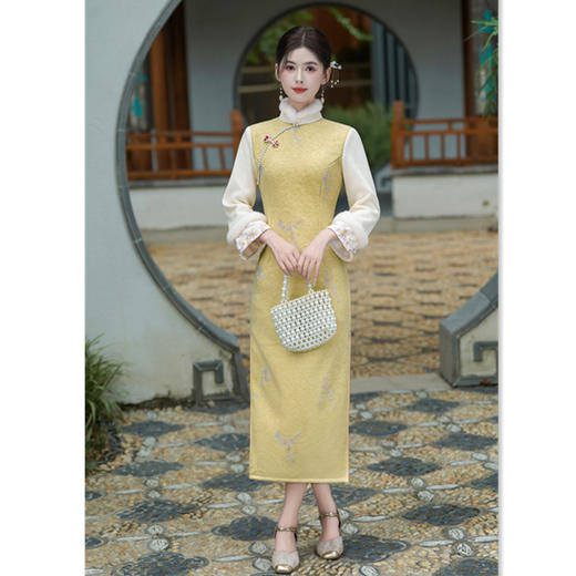 GX时尚拼接雪尼尔长款倒大袖旗袍2025秋冬款改良新中式日常可穿旗袍 商品图3