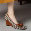 【预售5天】复古棕色千鸟格坡跟单鞋女秋季新款方头浅口显瘦蝴蝶结高跟鞋PPY&25-239 商品缩略图0