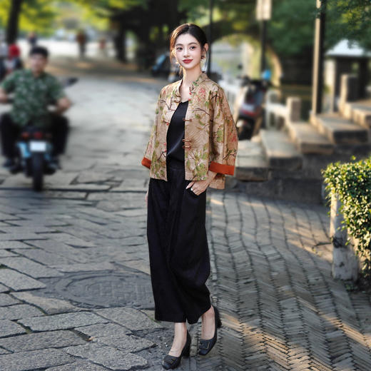 新中式国风立领印花旗袍，盘扣外套内搭裤子三件套MYJ-260 商品图3