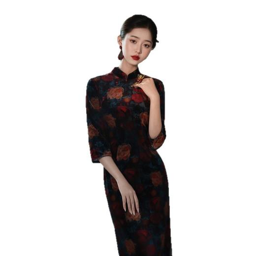 GX复古民国风长款丝绒中袖旗袍2025秋新款老上海中式大码旗袍 商品图4