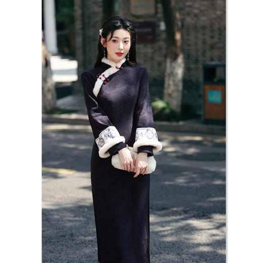 GX针织提花长款倒大袖旗袍2025秋冬新款改良新中式年轻少女长袖旗袍 商品图0