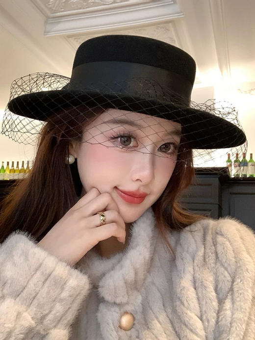 蝴蝶结装饰纱网平顶羊毛呢帽(COCO) 商品图5