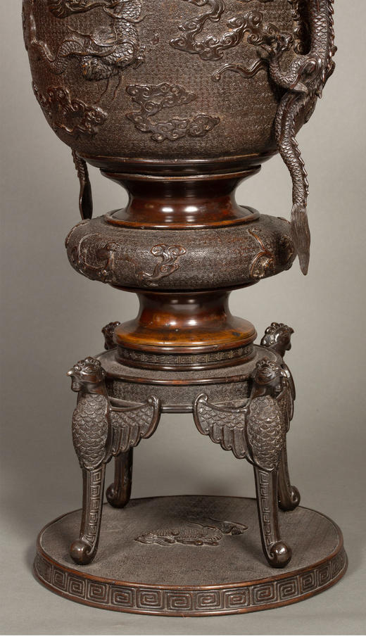 独角鹿西洋古董 19世纪末20世纪初日本明治时期出品祥龙纹双龙耳凤鸟四足铜雕大香炉 商品图4