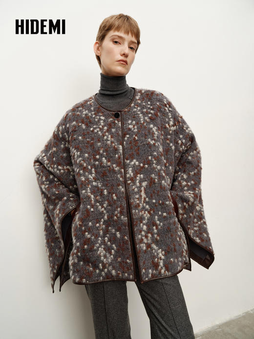 HIDEMI 大秀款进口羊驼毛绵羊毛混纺提花手工皮边镶嵌拼接斗篷大衣外套 商品图10