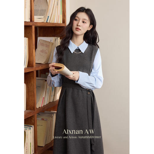 鹿向南「格雷腔调」假两件连衣裙女款2025秋季气质收腰厚款长裙 商品图1