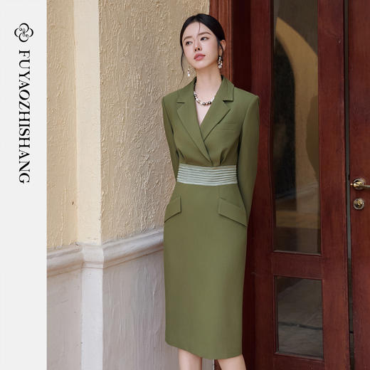 FUYAO扶摇 轻奢新中式连衣裙撞色设计感复古优雅西装裙子修身显瘦 商品图2