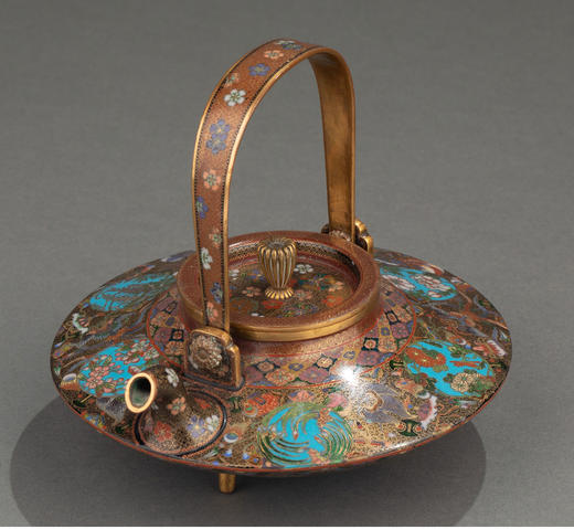 独角鹿西洋古董 1895年代日本明治时期出品稲葉七宝风格吉祥花鸟装饰提梁茶壶/清酒壶 商品图4