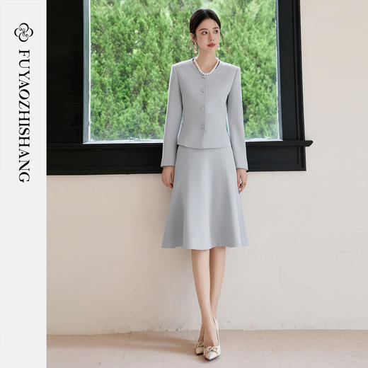 FUYAO扶摇 醋酸时尚套装女2025秋季蓝色圆领气质小香风西装两件套 商品图3