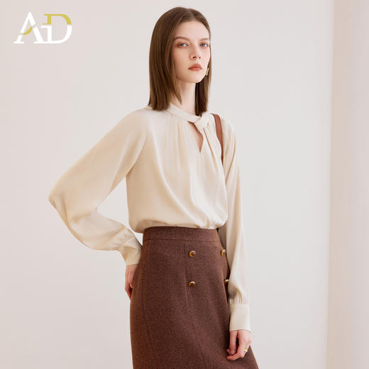 AD法式独特绝美上衣女设计感圆领扭结灯笼袖衬衫气质温柔杏色长袖 商品图2