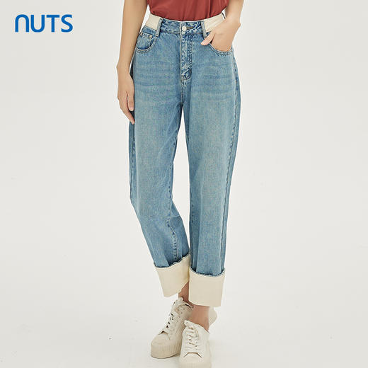 NUTS商场同款春秋季蓝色复古气质高腰卷边水洗牛仔长裤女331112215 商品图2
