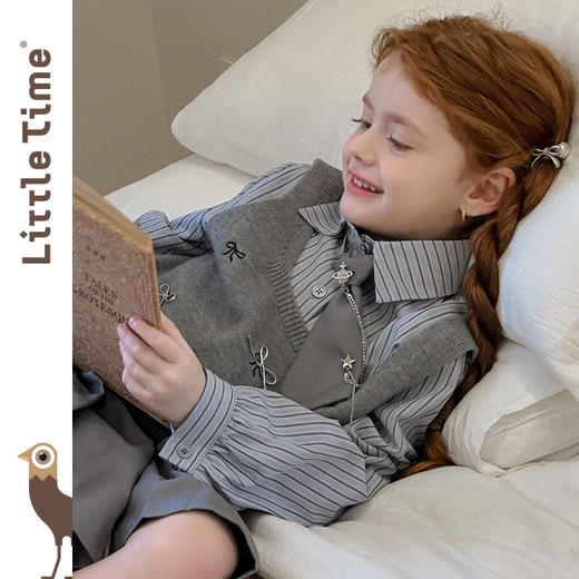 littletime女童套装2025秋冬新款儿童洋气条纹衬衫背心半裙三件套 商品图3