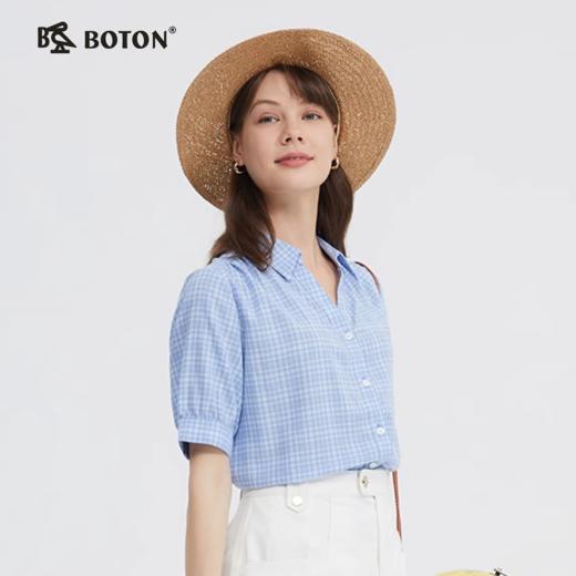 波顿女士高端美式蓝白格子衬衫 春夏短袖休闲衬衣LS009224 商品图0