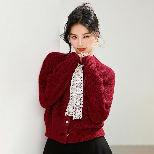 西遇毛衣开衫女高级感秋季新款法式蕾丝蝴蝶结系带针织外套SS051630 商品图4