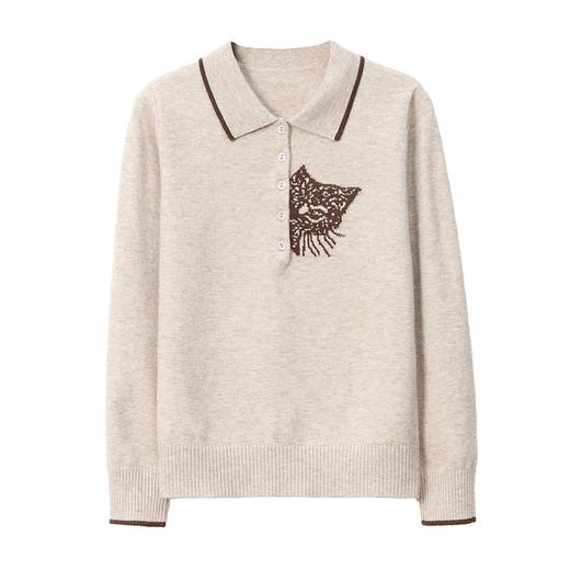 法式优雅撞色翻领针织衫，新款猫咪刺绣显瘦长袖毛衣打底CC9233 商品图4