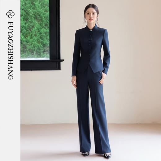 FUYAO扶摇 新中式盘扣西装套装女2025新款藏青色圆领西服中山装秋 商品图3