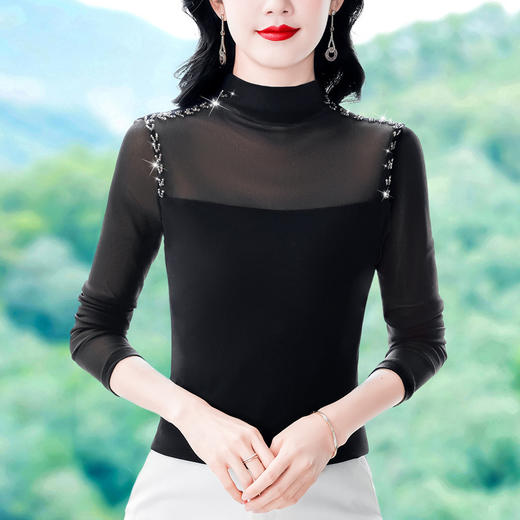 KQL 644G9217长袖网纱半高领拼接打底衫显瘦优雅气质上衣 商品图3