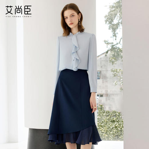 艾尚臣蓝色休闲衬衫女高级感秋季长袖百搭职业衬衣法式花边领上衣 商品图2