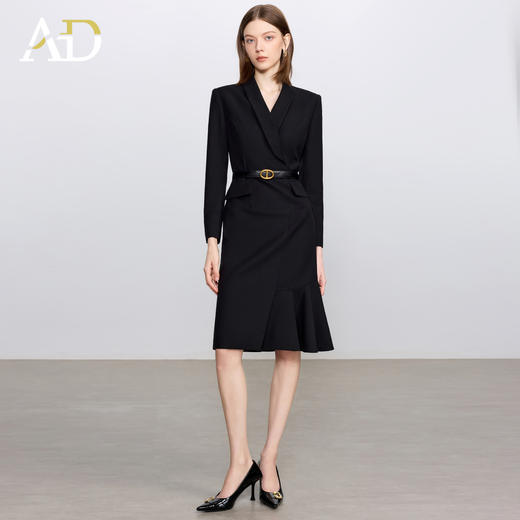 AD简单大方连衣裙女高端天丝羊毛长袖西装裙子2025新款黑色职业装 商品图1