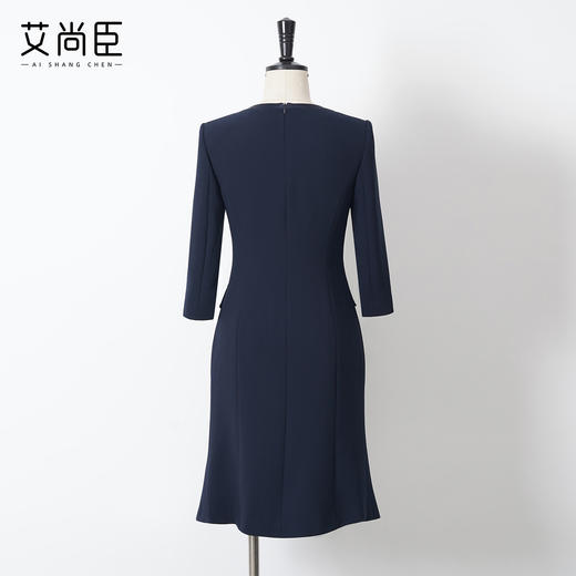 艾尚臣藏青色连衣裙女秋气质高级感修身显瘦裙子端庄大气职场穿搭 商品图3