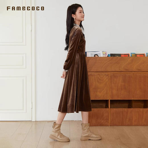 Famecoco范可儿优雅复古花边立领丝绒裙收腰连衣裙FAB6FA007 商品图2