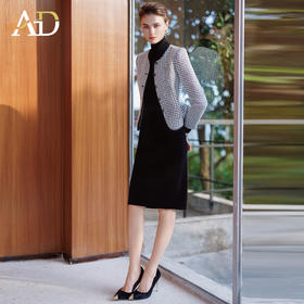 AD黑色千鸟格圆领短外套女秋冬气质小香风高端职场套装丝绒包臀裙